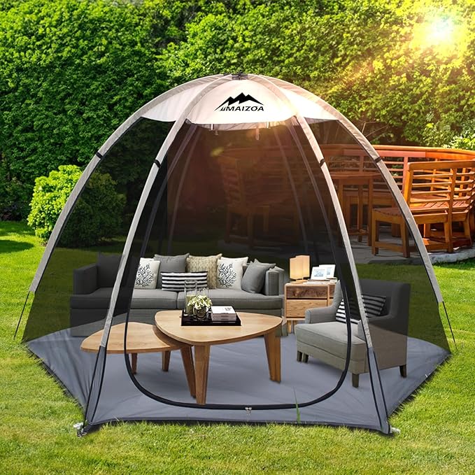 Screen House Tent 8 x 7 Ft Mesh Net Outdoor Camping Screen Room Sun Shade Gazebo Shelter Perfect for Family Picnic Backyards Campfire Barbecue and Party (Beige with Floor mat)