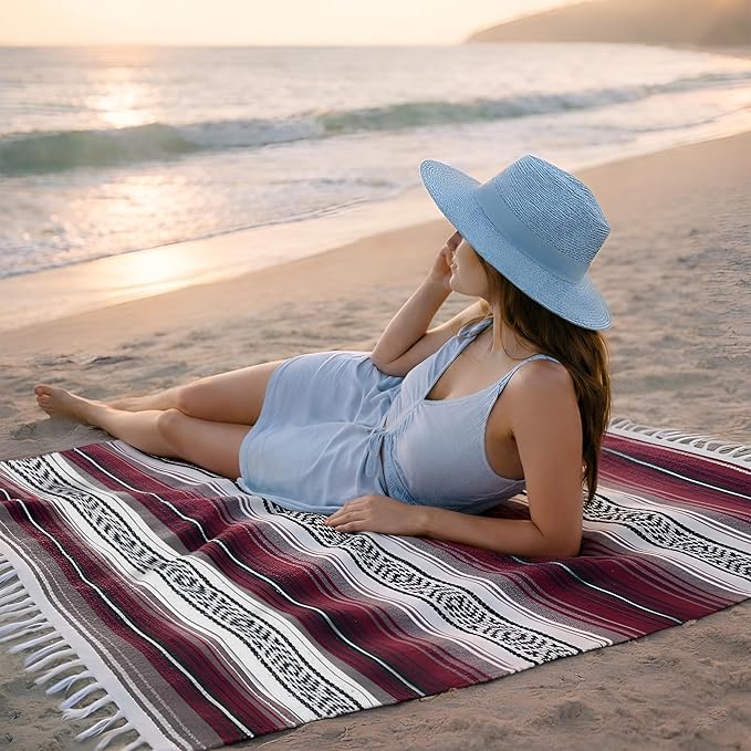 Mexican Blanket (Authentic Handmade Falsa) - Durable Lightweight Baja Indian Blanket for Yoga Beach Camping Picnic Car/Truck Outdoor Mexican Throw Baja Saddle Blanket 70x50 Cherry