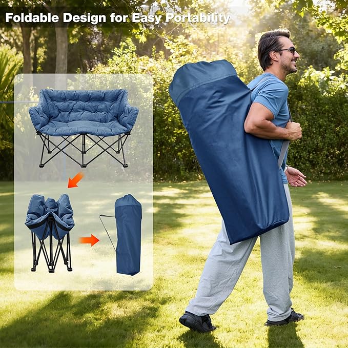 Double Camping Chair Heavy Duty Oversized Padded Loveseat for Adults 2 Person Outdoor Portable Camping Chairs for Lawn Backyard Fishing Trip Support 600lbs Navy