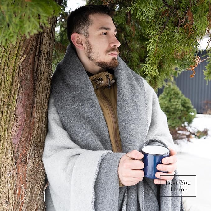 LYHome Merino Wool Blanket - Outdoor Camping and Hiking Throw Extra Warm Army Military &amp Hunting Blankets for Cold Weather Warmest Plaid Sheep Wool (51 x 67 in | Gray - Light Gray Double-Sided)