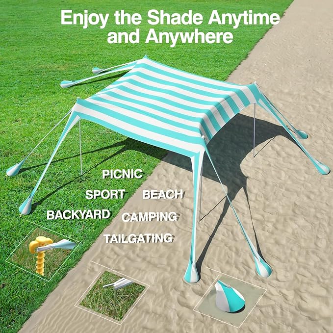 Rhino Valley Beach Tent Shade Canopy UPF50+ Protection 8 Sandbags 4 Stability Poles Outdoor Sun Shelter Umbrella for Sand Camping Fishing Essentials