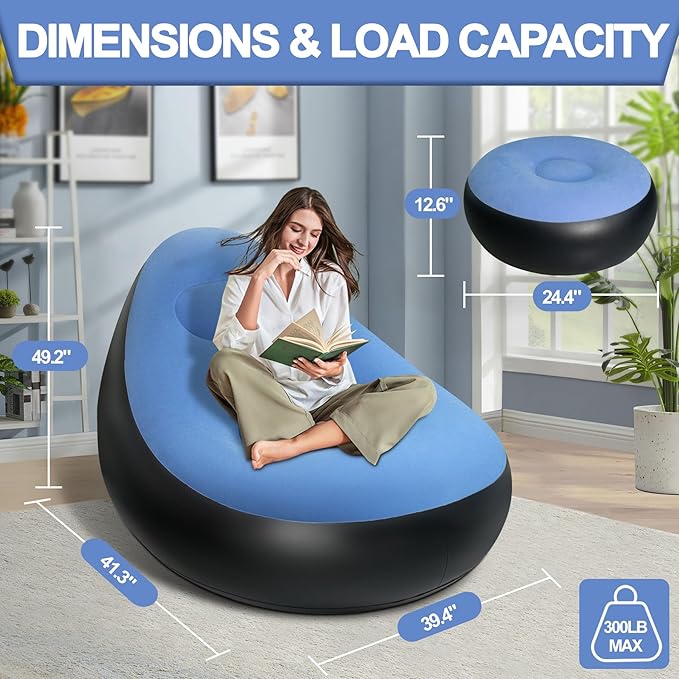 Inflatable Chair with Ottoman Inflatable Couch for Adults with Flocked Surface Comfortable Blow Up Air Chair Waterproof Portable Air Sofa Inflatable Couch for Camping(Blue) (Without Pump)