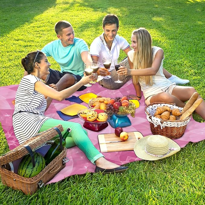Waterproof Sandproof Beach Blanket 59''×68'' Floral Pattern Polyester Outdoor Picnic Blanket with 4 Stakes &amp Storage Bag for BeachCampingVacation Purplish-Pink