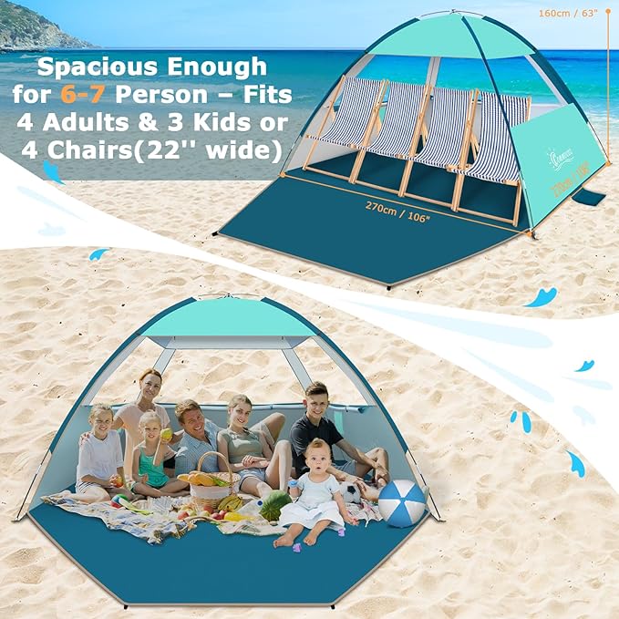 COMMOUDS Beach Tent Sun Shade for 3/4/6/8 Person UPF 50+ Beach Sun Shelter Canopy Tent Lightweight Easy Set Up and Carry