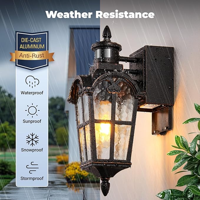 16.4 Motion Sensor Outdoor Lights with GFCI Outlet 2-Pack ORB Outdoor Porch Light with Water Ripple Glass 4-Modes Waterproof and Anti-Rust Dusk to Dawn Outdoor Lighting for Garage Patio