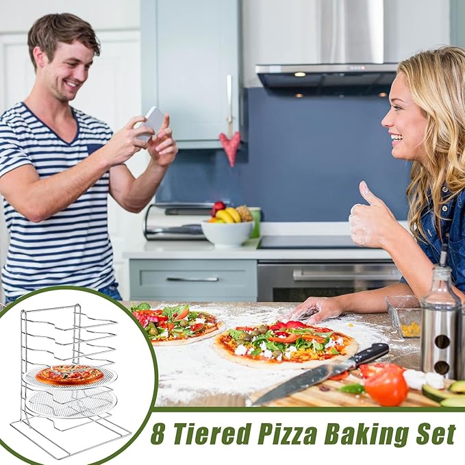 Zhehao Pizza Rack 8 Tiered Stand 16.7'' H x 12'' L x 12'' W and 8 Pcs Pans with Holes Aluminum Baking Set for Easy Storage and Baking Multiple Pizzas