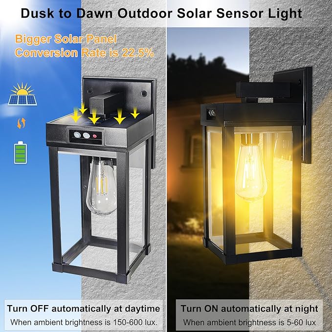 Solar Wall Lights Outdoor Waterproof with 3 Lighting Modes &amp Motion Sensor Dusk to Dawn Exterior Porch Light fixtures Solar Wall Lantern Fixture for Garage Patio Yard Garden