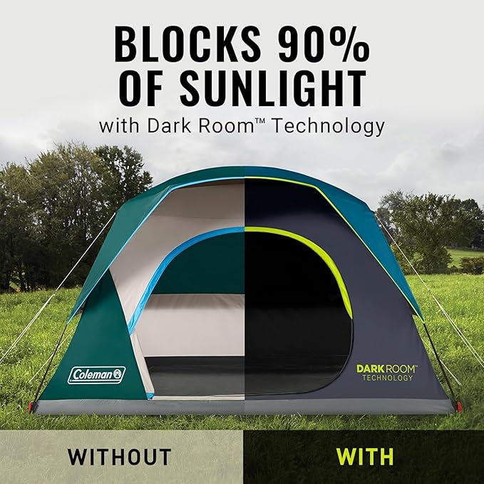 Coleman 4/6/8/10 Person Skydome Dark Room Tent with Rainfly 5 Minute Setup Blocks 90% of Sunlight 20% More Headroom Than Traditional Tents