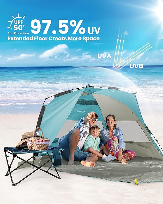 OutdoorMaster Beach Tent Sun Shelter for 3-4 Person Pop Up Beach Tent Easy Setup with Sandbags Portable Sun Shade Canopy with Carrying Bag for Beach &amp Outdoor UPF50+ UV Protection Family Size