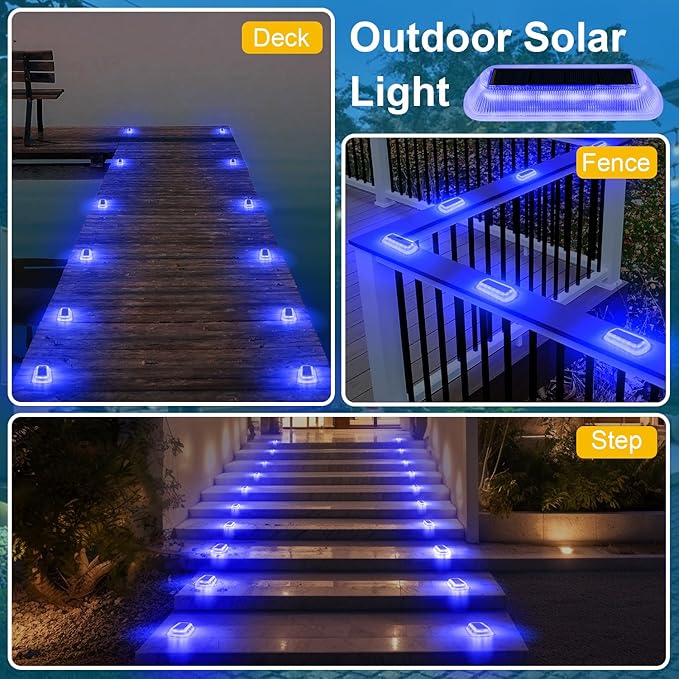 T-SUN Solar Deck Lights Outdoor Waterproof Deck Lights Solar Powered Driveway Marker Light for Fence Front Door Step Stair Garden Sidewalk Pathway Dock Porch Backyard (Blue 12 Packs)