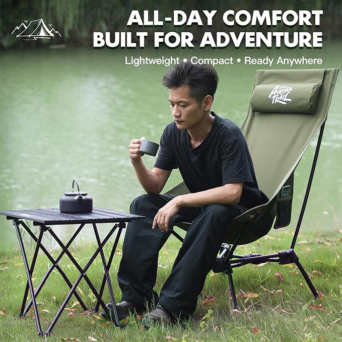 AuroraTrail High Back Folding Camping Chair with Pillow – Lightweight Portable Outdoor Chair with Cup Holder &amp Carry Bag Sturdy Aluminum Frame Supports up to 374 lb for Camping Hiking &amp Fest