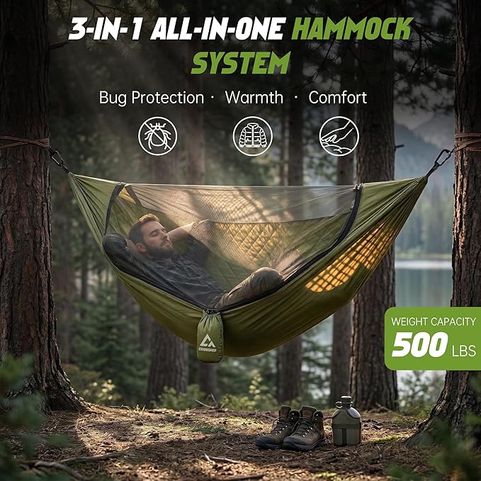 Camping Hammock with Mosquito Net with Built-in Underquilt - Built-in Quilt for Lightweight Soft Warm 4 Seasons Great for Hiking Backpacking Camping Travel(Hold Up to 500lbs) - Olive Green