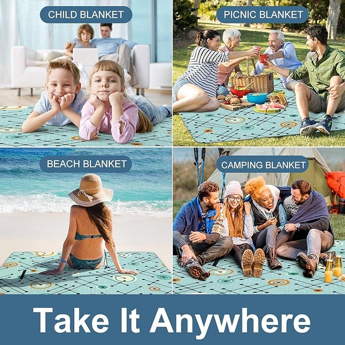 Modern Mid Century Seamless Abstract Pattern Waterproof Outdoor Picnic Blanket Sandproof Beach Mat for Camping Hiking Grass Travelling