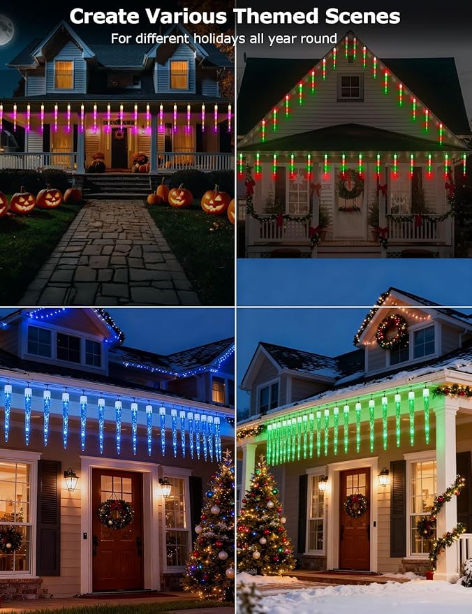 Smart Christmas Icicle Lights for Outside 33FT 20 Tubes RGBW LED Icicle Christmas Lights Outdoor App Remote Controlled DIY Dynamic Effects and 50+ Scenes for House Roof Decorations