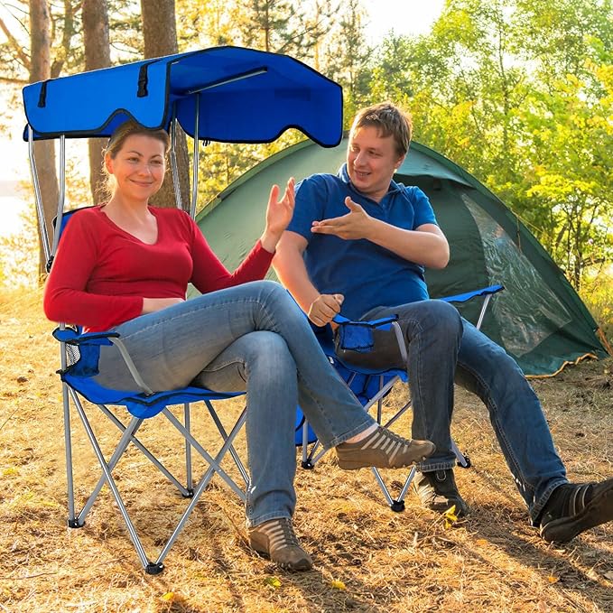 Moclever Folding Canopy Camp Chair – Heavy Duty Beach Chair with Sun Protection Cup Holder &amp Padded Armrests for Outdoor Camping Lawn Park Patio (Blue)