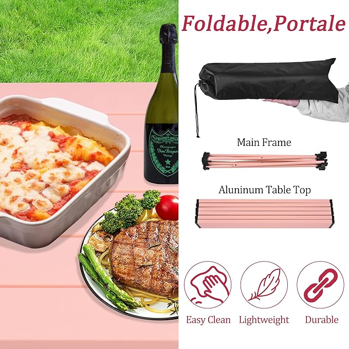 Grope Portable Camping Table with Aluminum Table Top Folding Beach Table Easy to Carry Prefect for Outdoor Picnic BBQ Cooking Festival Beach Home (Pink-L)