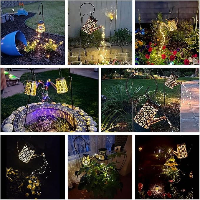 2 Pack Solar Watering Can Lights with Shepherd Hook 8 Multi-Color Changing Modes IP65 Waterproof 60pcs String Lights for Outdoor Garden Pathway Lawn Patio Deck Walkway Courtyard