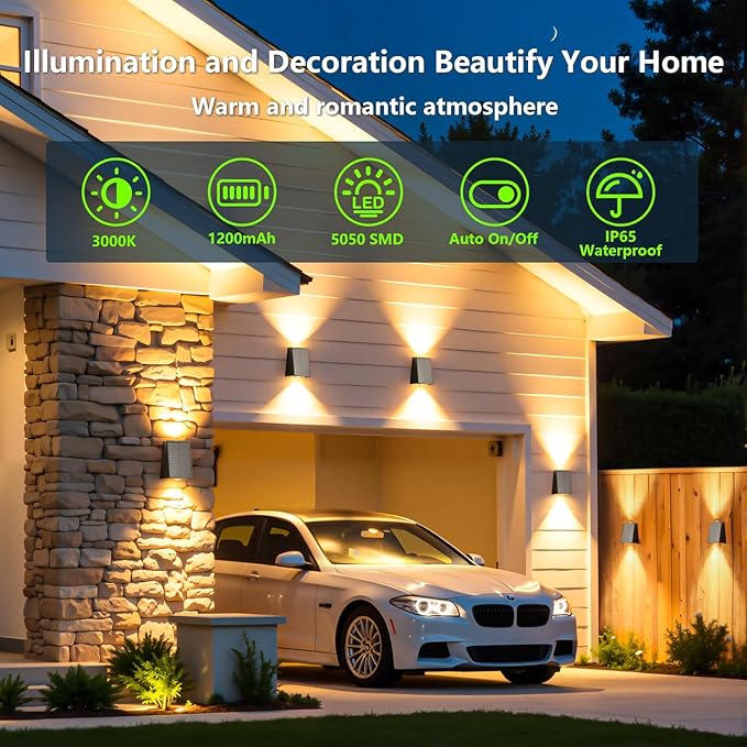 2 Pack Solar Wall Lights Outdoor Waterproof Up and Down 2 LED Fence Sconce for House Patio Porch Yard Garden Garage and Pool for Security and Decorative Lighting Wall Mounted Install(Warm White)