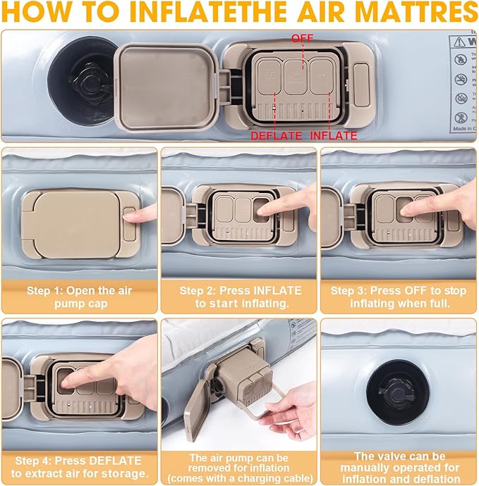 KMZ Portable SUV Air Mattress - Built-in Electric Pump for Fast Inflation - Soft Flocked Surface Car Bed - Ideal for Road Trips &amp Outdoor Camping - Grey