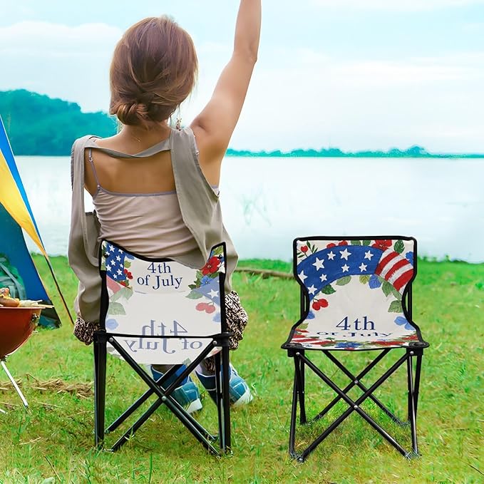 KLL 4th of July Independence Day Red and Blue Garland Compact Foldable Chairs Ultra Lightweight Packable Chair with Carrying Bag Ice Fishing Chair with Back for Outdoor Travel