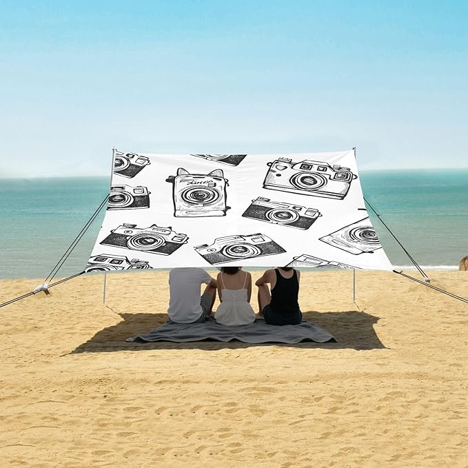 Doodle Disposable Camera Camping Sun Shelter Beach Tent Portable Beach Sun Shade Outdoor Canopy for Camping Trips Fishing Picnic