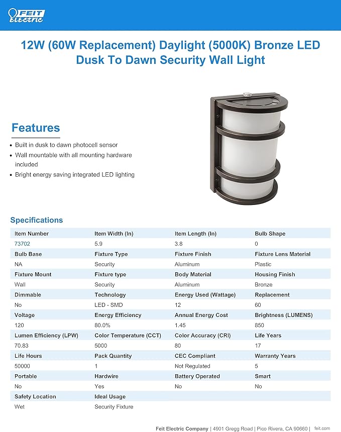 Feit Electric - Dusk to Dawn LED Bronze Half Moon Security Outdoor Wall Light 5000K (73702)