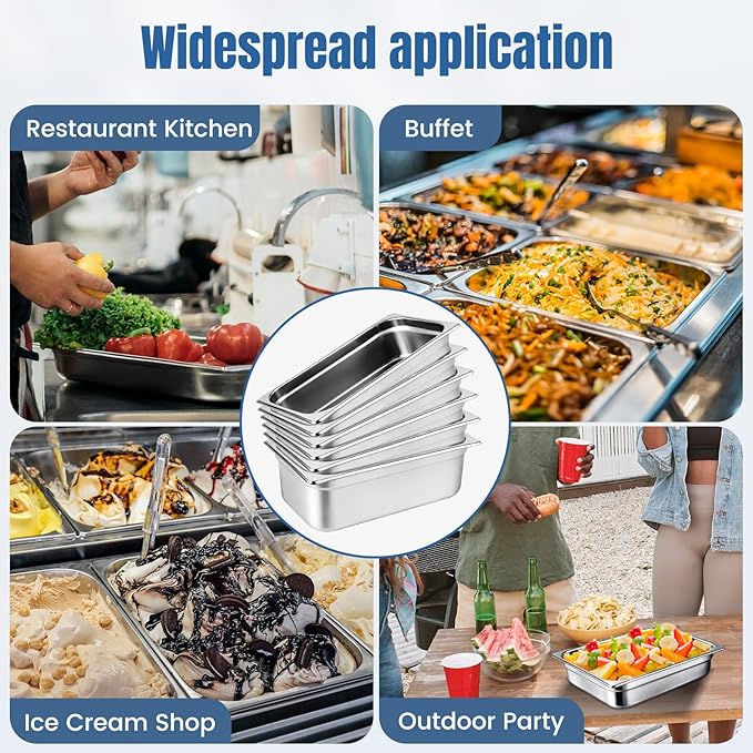 6 Pack 1/3 Size Steam Table Pan Set4 Deep Hotel Pans Anti Jam Stainless Steel Food Pan for RestaurantsCateringHotel BuffetHomeParty
