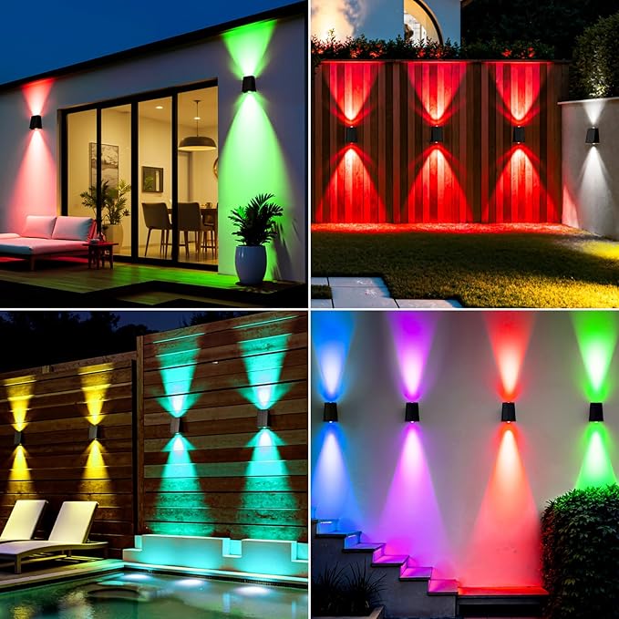6 Pack Color Changing Solar Wall Lights Outdoor Waterproof Up and Down 2 LED RGB and Cool White Sconce Decor for Fence Stair House Patio Porch Yard Garden Garage and Pool Wall Mounted Install