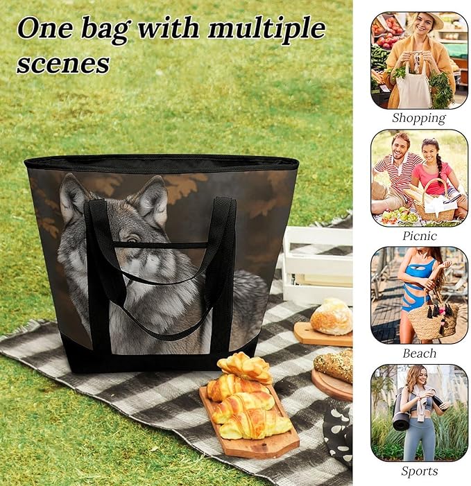 Insulated Shopping BagLarge Reusable Cooler Bags Wild Wild Gray Wolf Printed Foldable Shopping BagTravel Waterproof Shoulder Bag