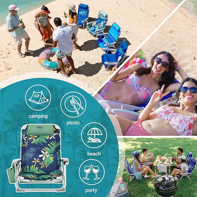 #WEJOY Folding Beach Chair for Adults 4-Position Lightweight Beach Chair Low Beach Chairs with Shoulder Strap Cup Holder and Headrest Supports 265lbs for Beach Lawn (Rainforest)