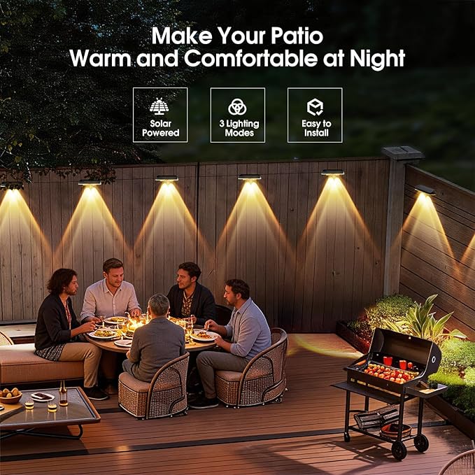 Solar Fence Lights Outdoor 3 Modes Warm/Neutral/Cool White Fence Lights Solar Powered for Outside IP65 Waterproof 60 Lumens Solar Light for Step Pathway Garden Deck Stairs - 12 Pack