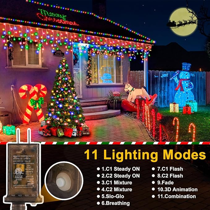 Color Changing Ice Lights 164FT 1600 LED Outside with 320 Drops 11 Modes Timer Waterproof Warm White to Multicolor String Lights for Christmas Eaves Party Decorations