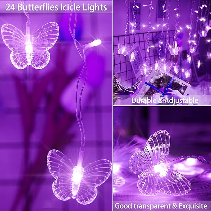 Purple Butterfly Curtain Fairy Lights USB Plug in120 LED 8 Modes 20FT Firefly Twinkle Icicle String Lights with Remote Timer Waterproof for Halloween Bedroom Christmas Wedding Party Dorm