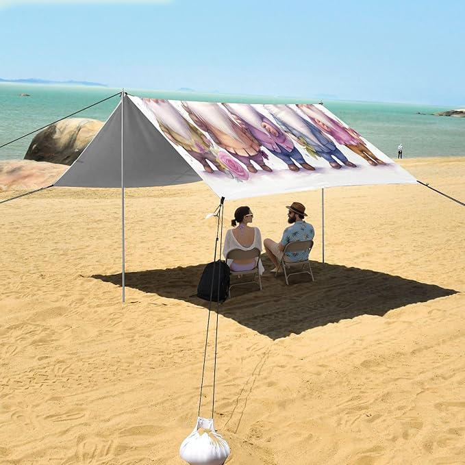 Cute Colorful Gnomes Beach Tent Sun Shelter 9.2' x 10.5' Beach Canopy with 4 Sandbags 4 Stability Poles Sand Shovels - Tent Canopy for Beach Camping Fishing Picnics