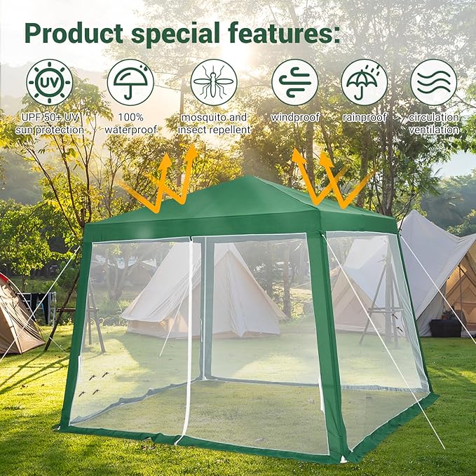 10x10ft Easy Pop-Up Canopy Outdoor Screen Tent with Mesh Mosquito Netting Side Walls Pop Up Tent Waterproof Outdoor Screen Shed for Camping Picnic Party Deck Yard Events