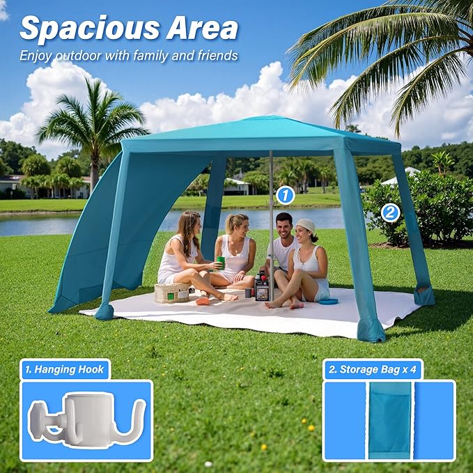 Beach Cabana-6.6x6.6’Beach Canopy with Side WallPortable Umbrella Tent with Sand Pockets for Family &amp FriendsEasy Up Beach Sun Shelter for Outdoor PatiosBackyardsand CampingBlue