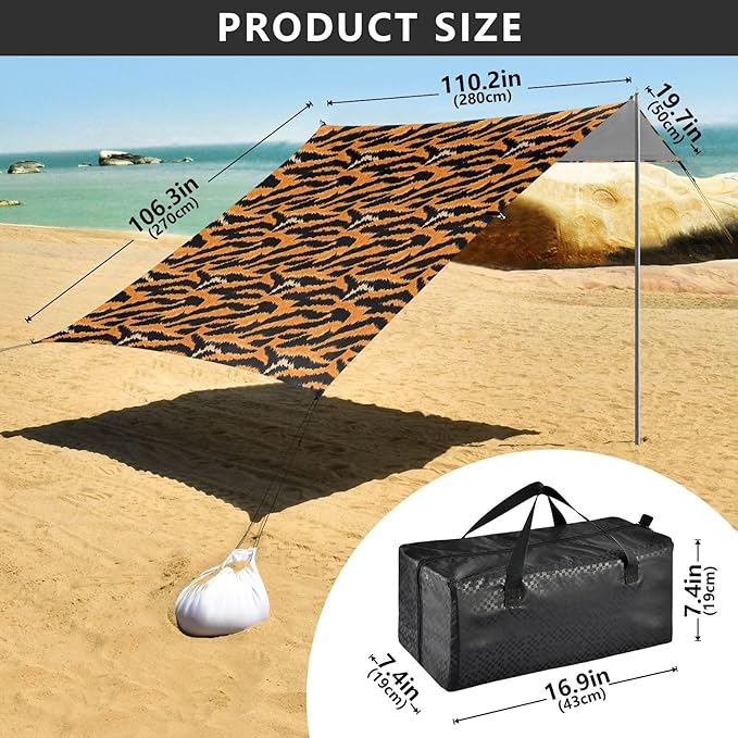 ALAZA Yellow Tiger Print Beach Tent Sun Shelter UPF50+ Protection Beach Shade Canopy w/ 4 Sandbags for Outdoor Camping Fishing Backyard Fun Picnic 10x9 ft