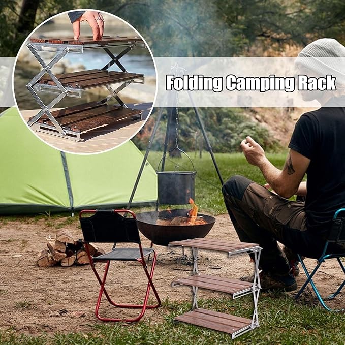 Outdoor Camping Three-Tier Foldable Rack Portable Bamboo Side Table for Picnic Barbecue Camping Easy to Fold and Carry