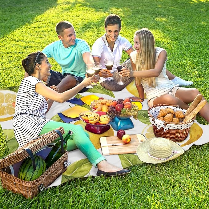 Waterproof Sandproof Beach Blanket 59''×68'' Sweet Lemon Polyester Outdoor Picnic Blanket with 4 Stakes &amp Storage Bag for BeachCampingVacation White