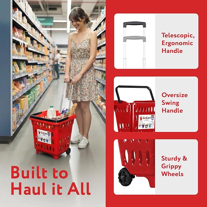 dbest products GoCart Red Grocery Cart Shopping Laundry Basket on Wheels