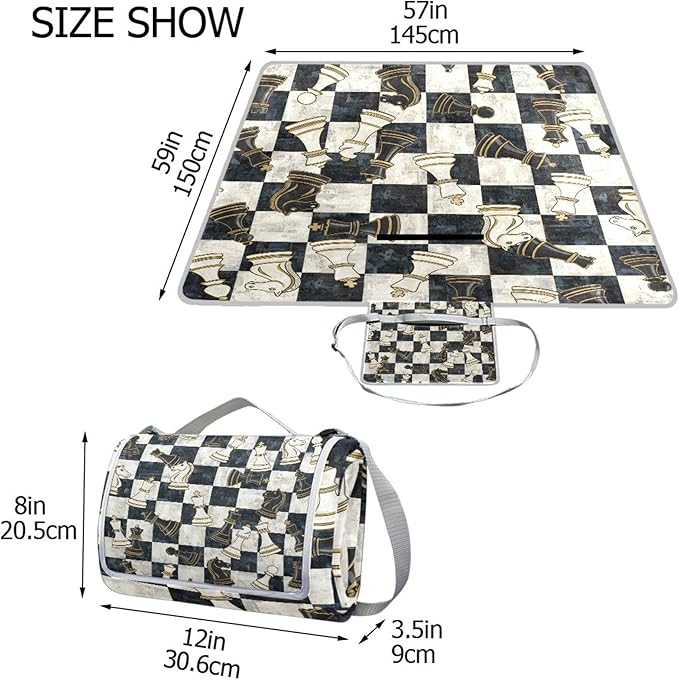 MNSRUU Picnic Blanket Waterproof Foldable Chess Black White Grid Large Outdoor Picnic Beach Camping Blanket Travel Mat Shoulder Strap Tote Rectangle 57x59in