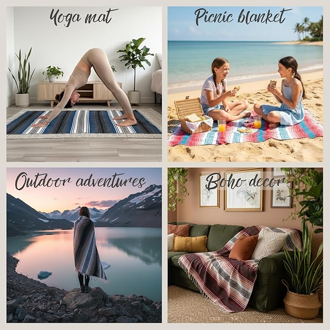 Authentic Handwoven Mexican Blanket Falsa Serape - Soft &amp Durable - Vibrant Beach Picnic Yoga &amp Camping Mat - Traditional Boho Throw - Outdoor Blanket 70x50 (Haze)