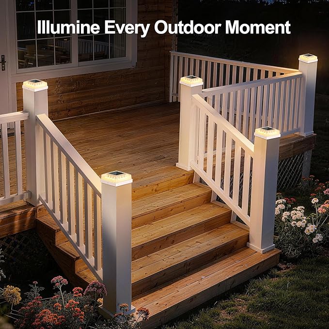 Brightever Solar Post Cap Lights Outdoor with 3 Lighting Modes 6-Pack Solar Fence Post Lights Waterproof Solar Powered Deck Post Lights Fits 4×4 Wood/Vinyl Posts Ideal for Garden Patio Porch White