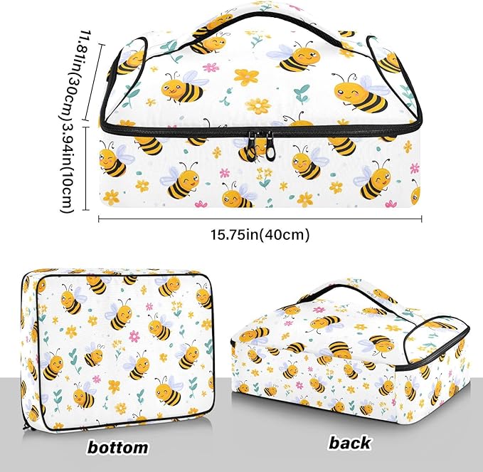 Casserole Carrier Cute Pattern Bees and FlowersInsulated Casserole Carrier for Hot or Cold Food Thermal Lunch Tote for Potluck Parties Picnic Beach Fits 9 x 13 Inches Baking Dish