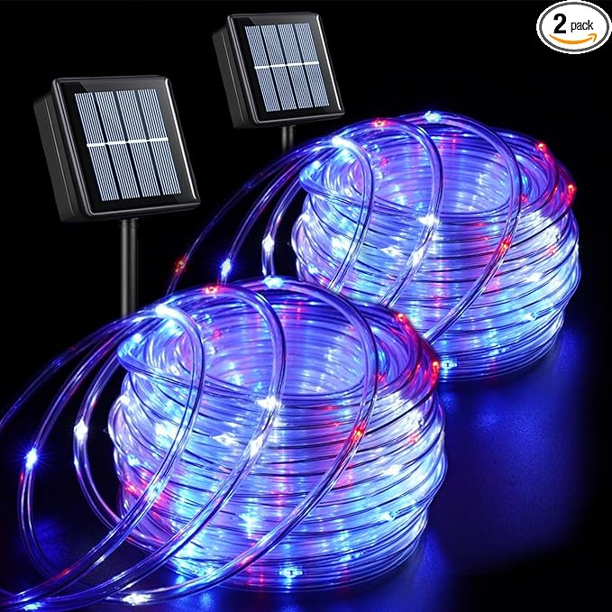 QITONG Red White Blue Solar Rope Lights 2 Pack Each 33ft 100 LED 4th of July String Lights 8 Modes Fairy Lights in Clear Thin Tube for Patriotic Independence Memorial Day Decor