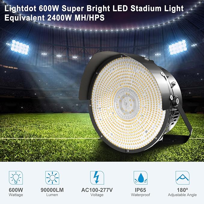 600W LED Stadium Light Outdoor 90000Lm (2400W Equivalent) Super Bright Commercial Flood Lights 5000K AC100-277V IP65 Waterproof Large Area Lighting for Sports Fields and Counts