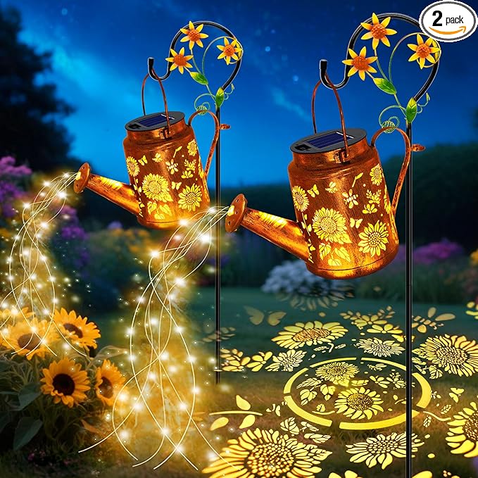 VOOKRY 2 Pack Sunflower Metal Solar Watering Can Lights Solar Lights Outdoor Waterproof Birthday Gifts for Women Mom Grandma Hanging Lanterns Decorative Garden Decor for Outside Yard Patio Lawn
