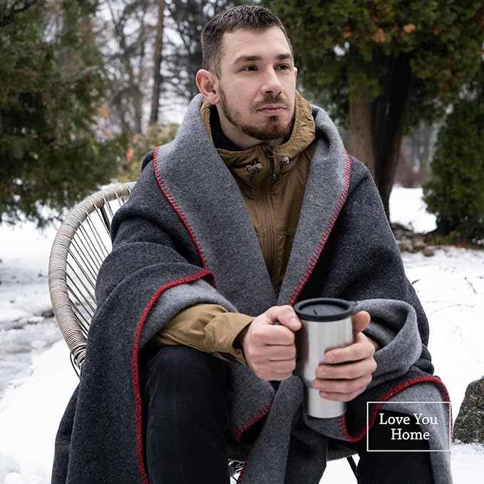 LYHome Merino Wool Blanket - Outdoor Camping and Hiking Throw Extra Warm Army Military &amp Hunting Blankets for Cold Weather Warmest Plaid Sheep Wool (51 x 67 in | Gray - Dark Gray Double-Sided)