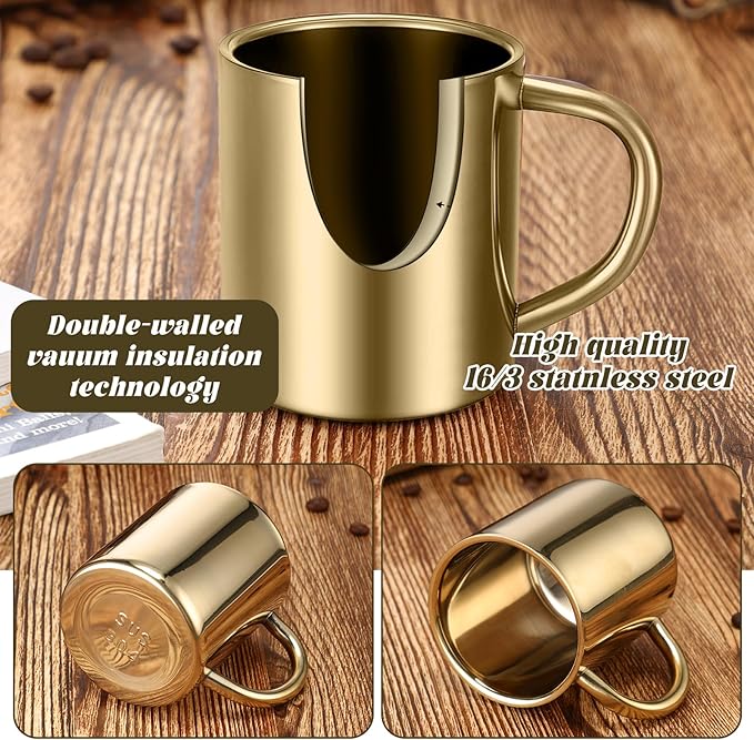 Cunhill 4 Set Small Stainless Steel Coffee Mug 7.5oz/220ml Double Walled Cups Camping Mug with Handle Metal Dishwasher Safe Tea Cups for Home Travel Camping Outdoors Rv Keep Drinks Hot (Gold)