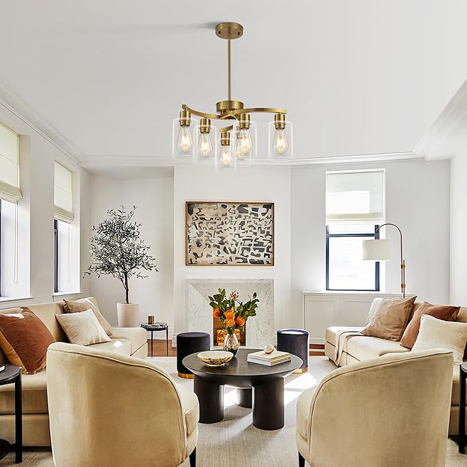 6 Light Gold Dining Room Light FixtureModern Farmhouse Kitchen Chandeliers Over TableAdjustable Height Hanging Pendant Lighting for Kitchen Island with Glass Shade